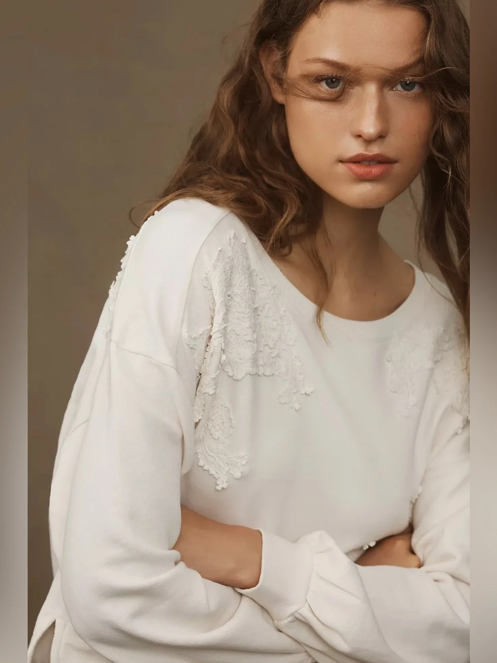 By Anthropologie Crochet Appliqué Pullover Off-Shoulder Sweatshirt Cream